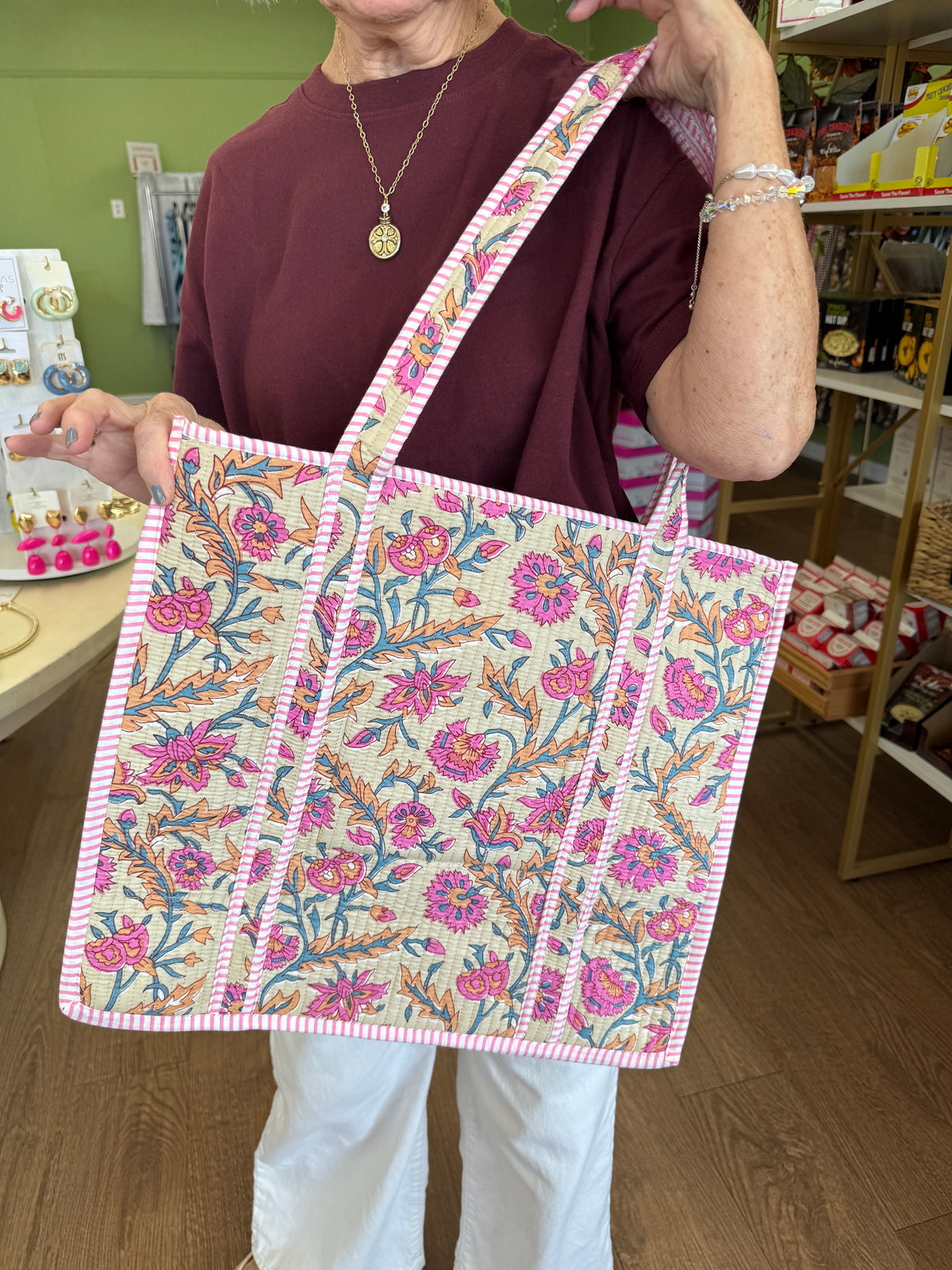 Large Quilted Tote Bags-Taupe Floral Mix