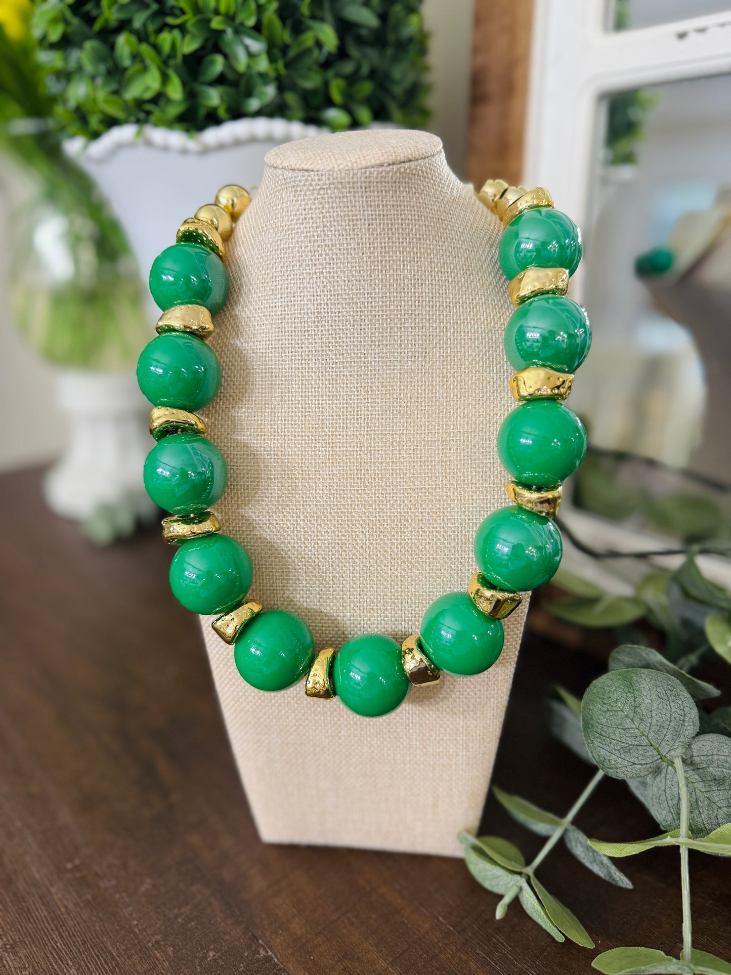 Chunky Green & Gold Ball Necklace