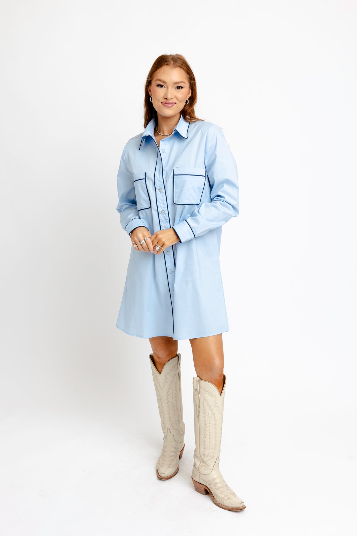 Karlie Blue Poplin Pocket Shirt Dress