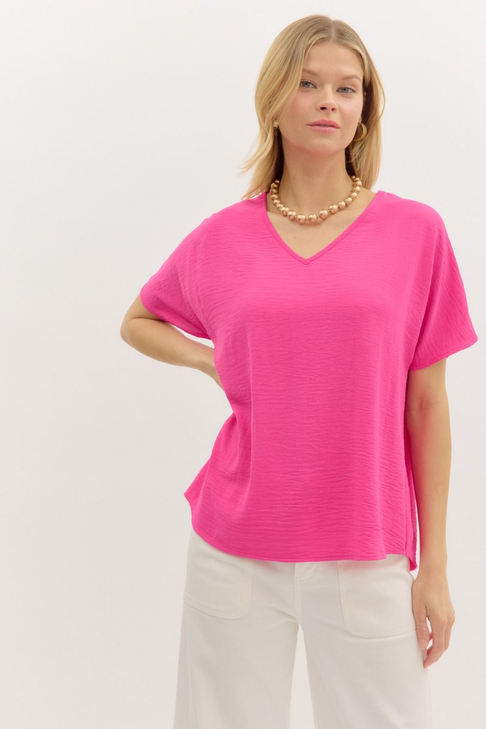 The V-neck Top-Hot Pink