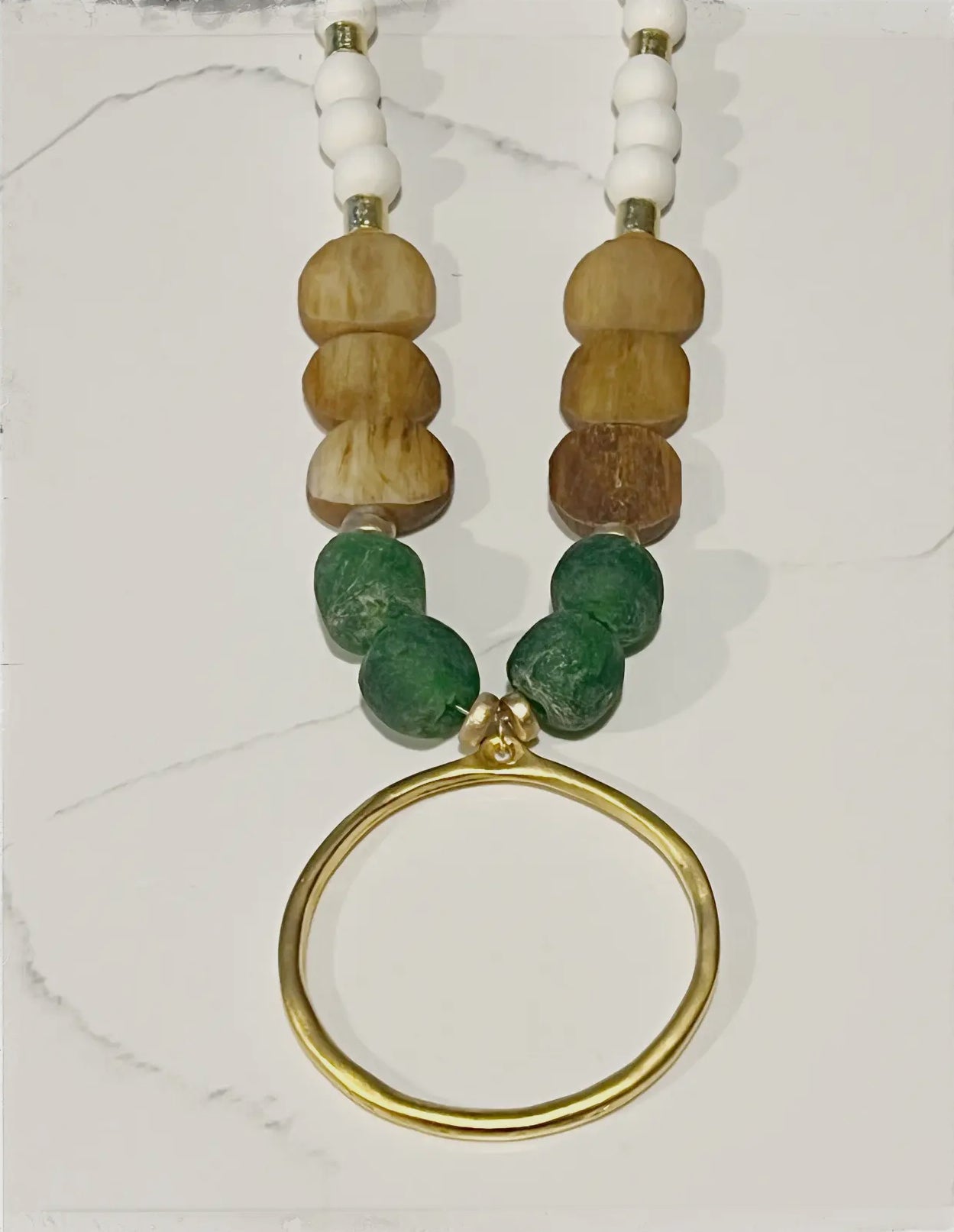 Wood Glass & Bone Bead Long Necklace Brass Pendant