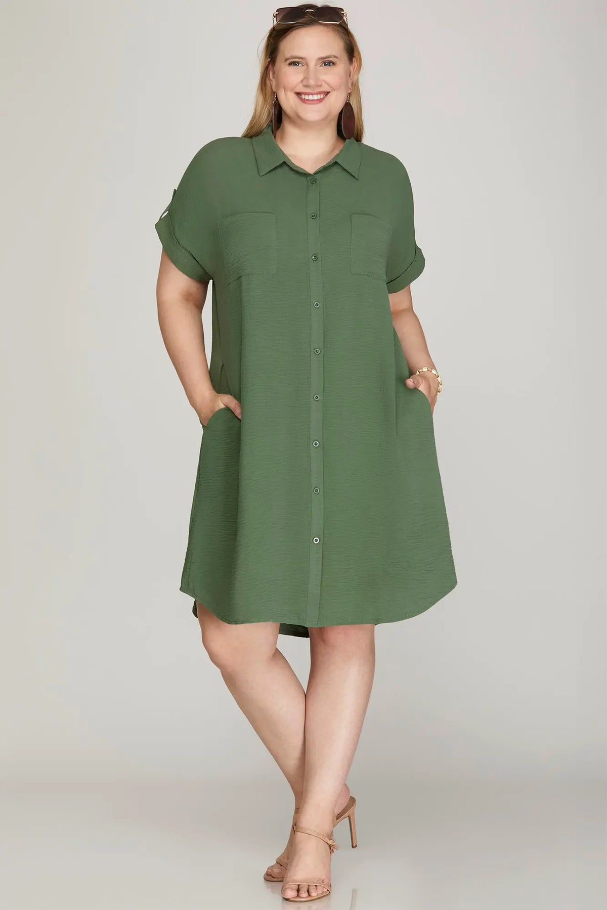 Olive Button Down Shirt Dress-CURVY