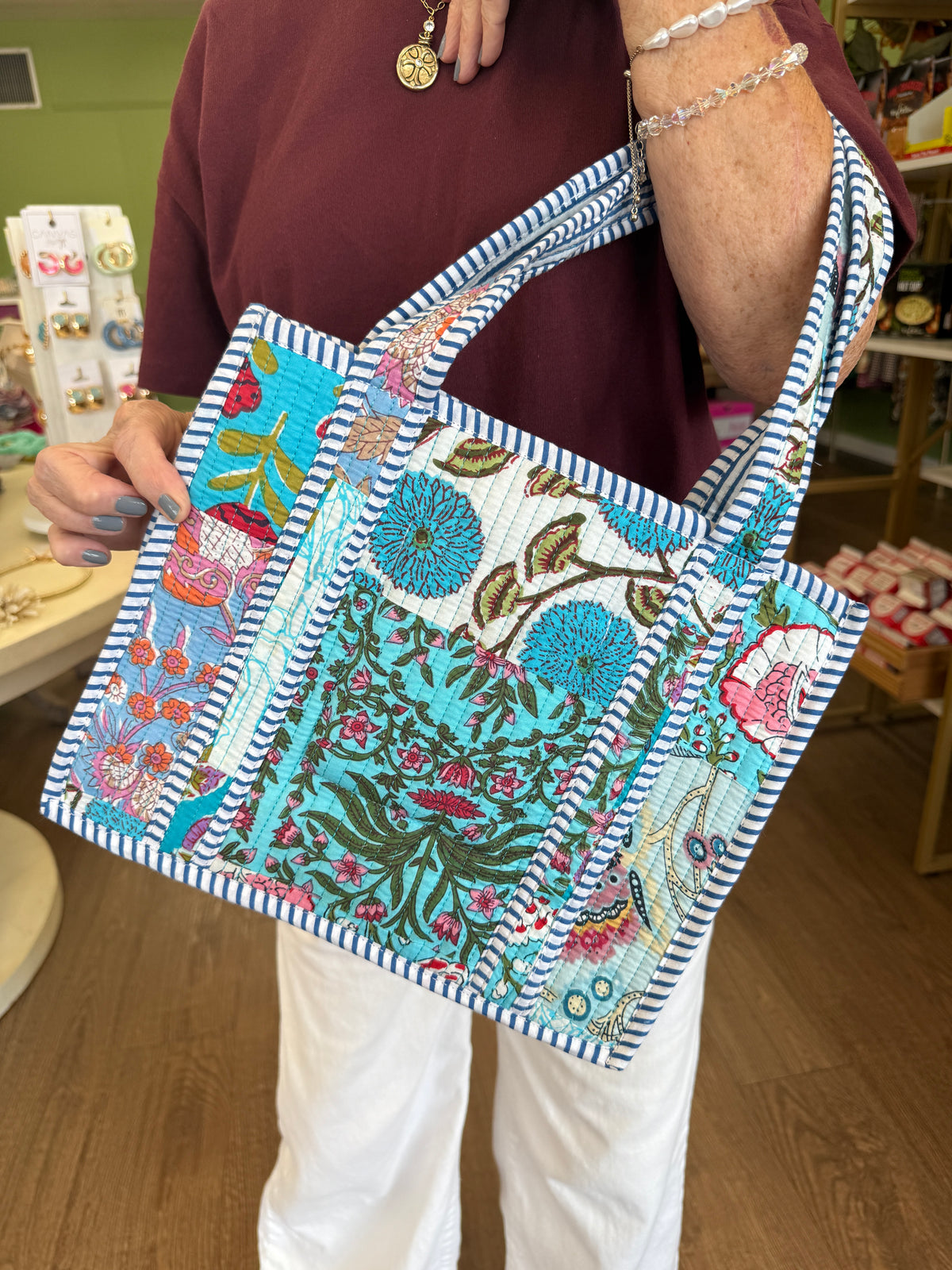 Small Quilted Tote Bags-Blue Floral Mix Pattern