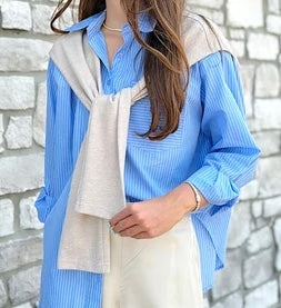 Karlie Hailey Striped Poplin Button Down with Faux Sweater
