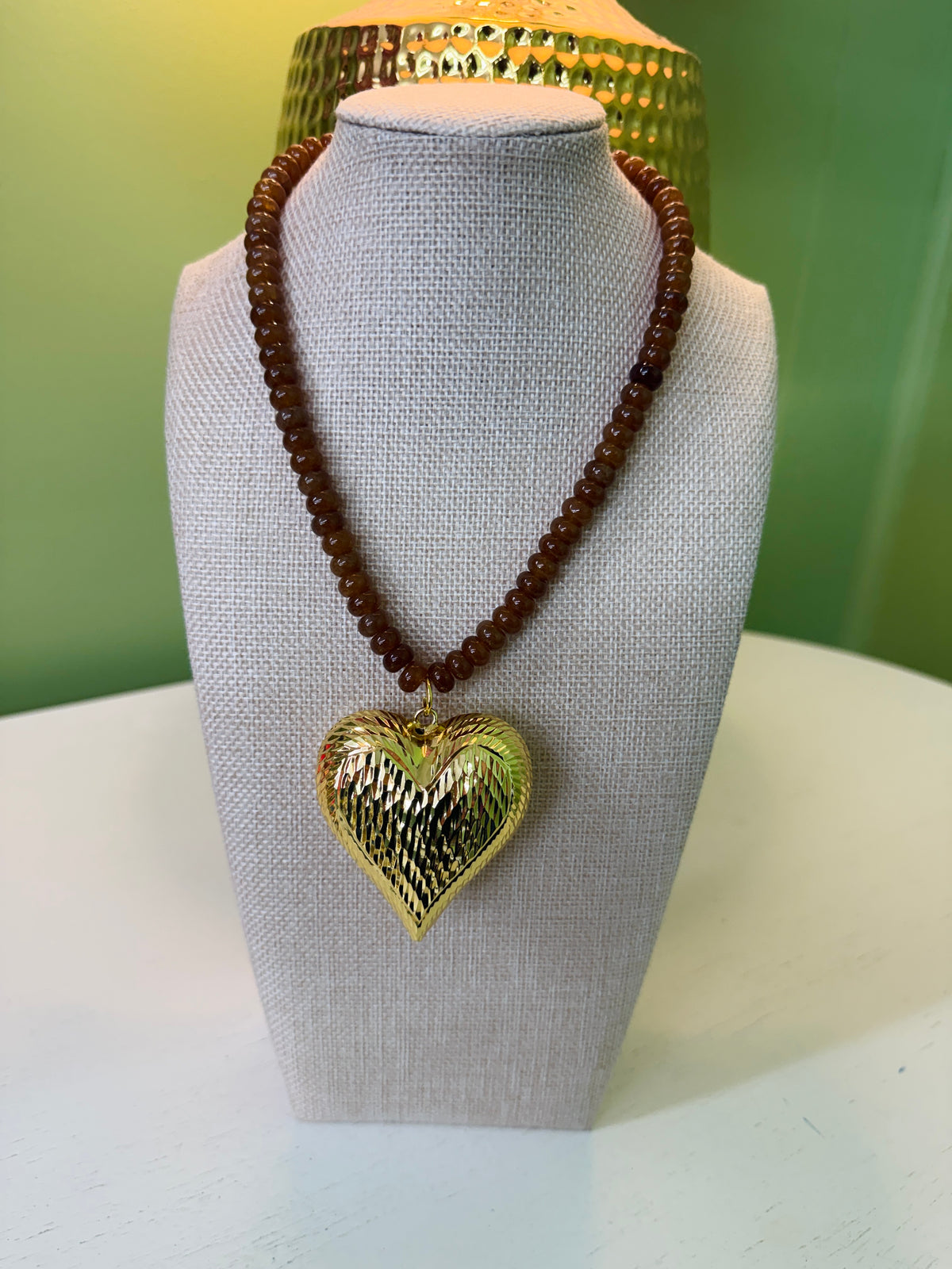 Puff Heart Charm Necklace-Brown