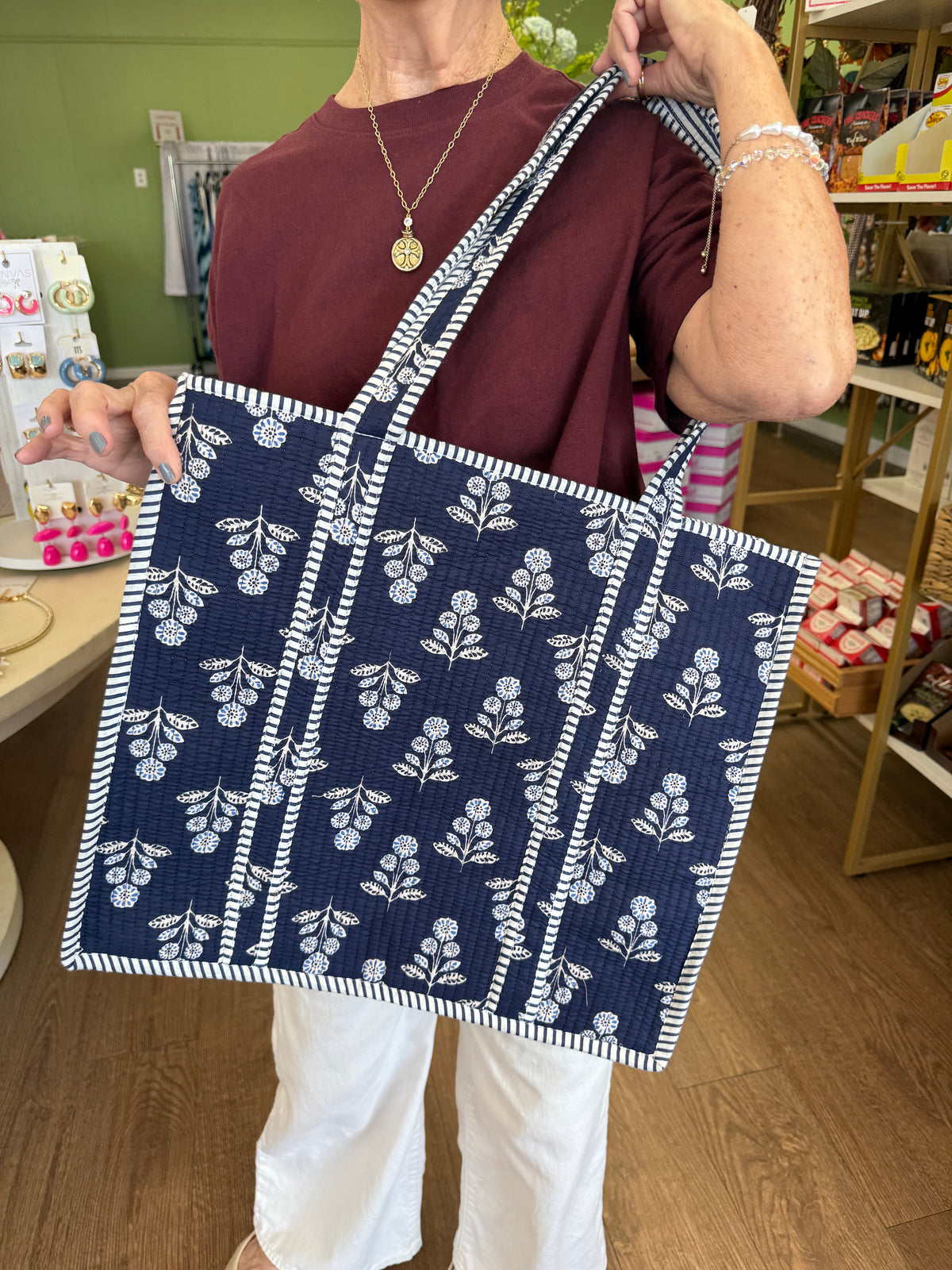 Large Quilted Tote Bags-Navy Florals