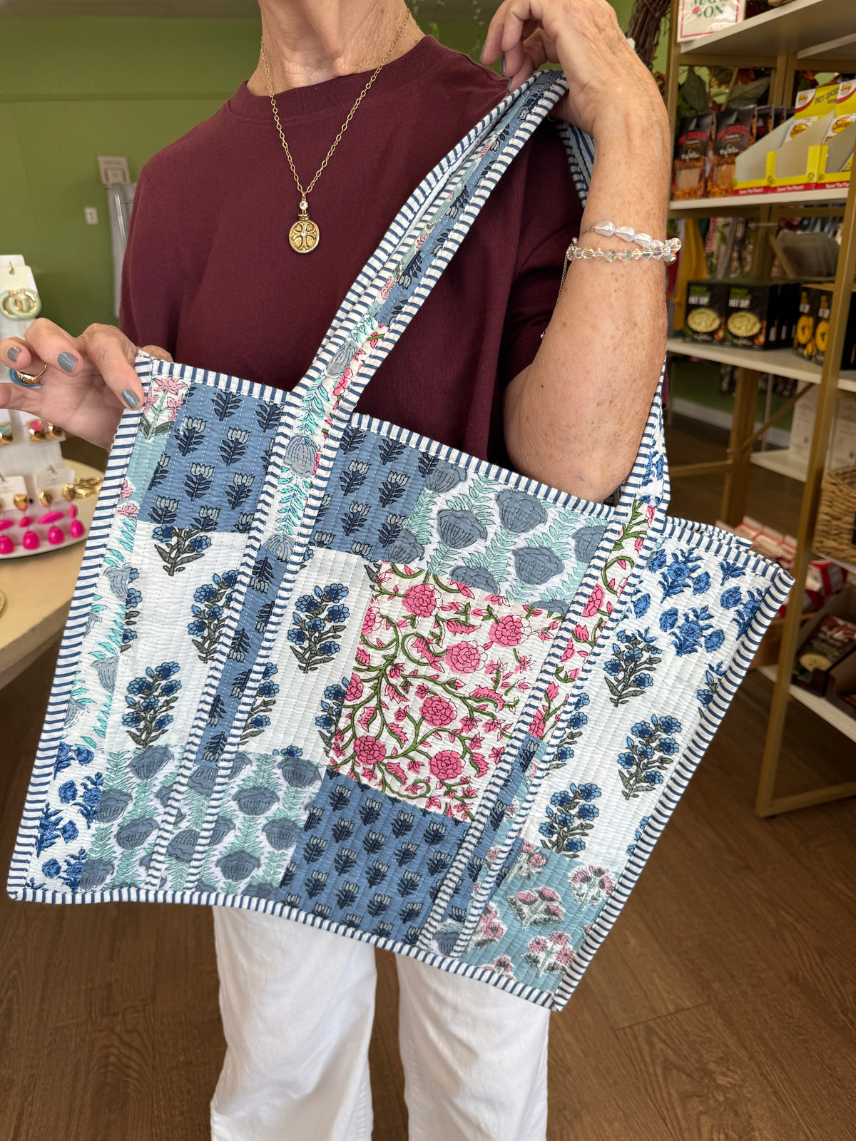 Large Quilted Tote Bags-Lila Florals Mix