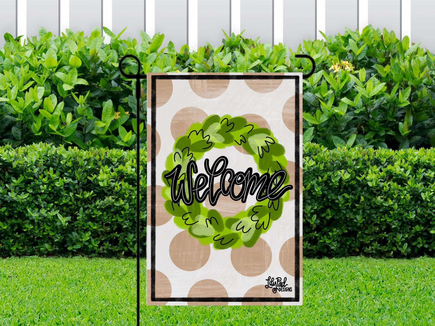 LilyPad Designs Khaki Polka Dot Welcome Garden Flag