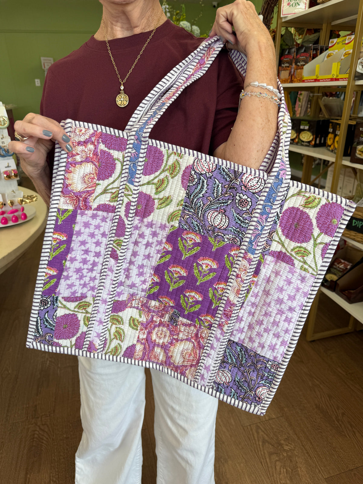 Large Quilted Tote Bags-Purple Florals Mix