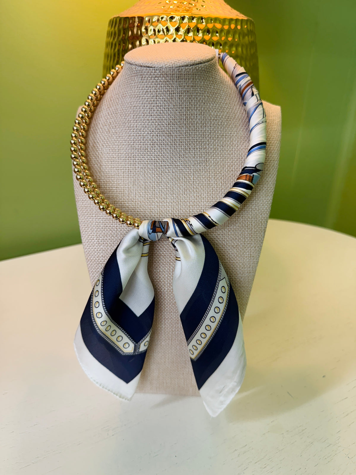 Beaded Scarf Necklace-Navy/White