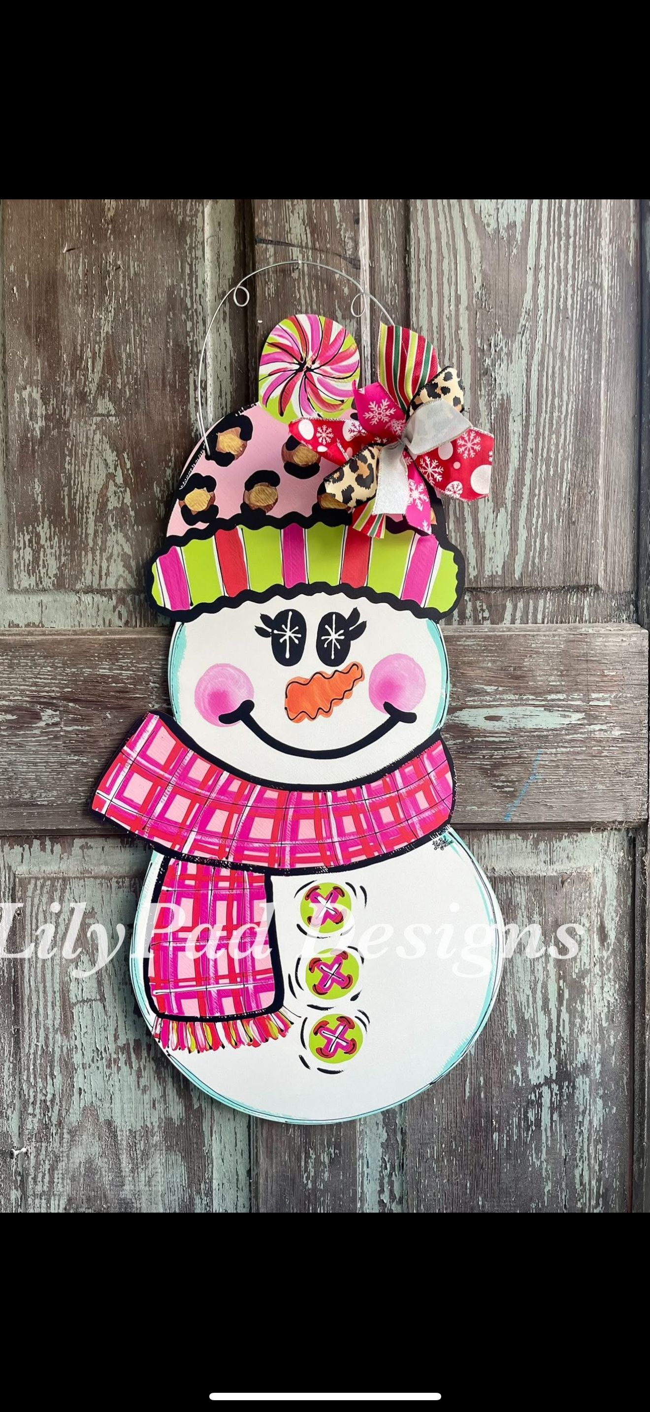 Pink Chetah Snowman Door Hanger