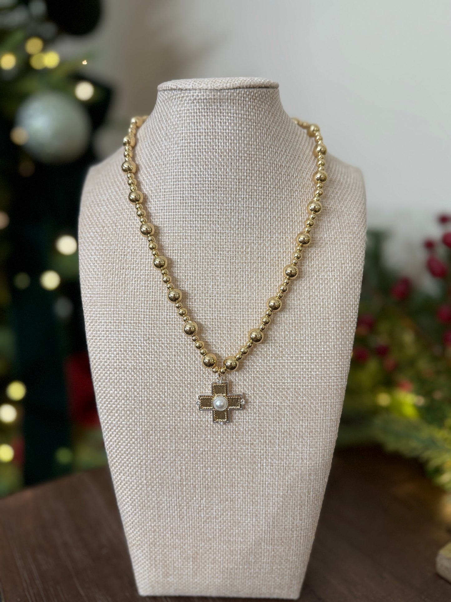 Gold Beaded Cross Necklace