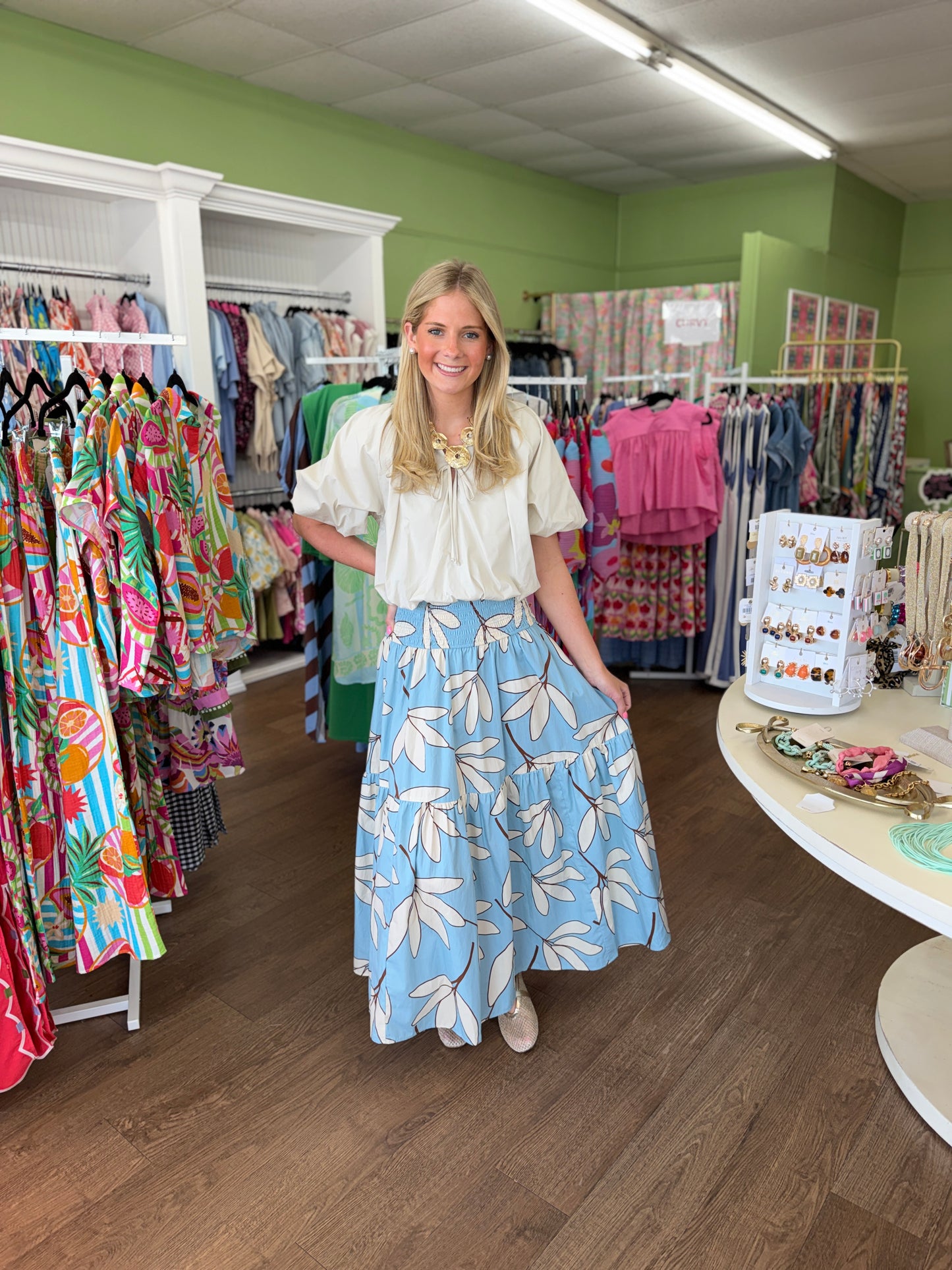 Karlie Blue Palm Leaf Maxi Skirt