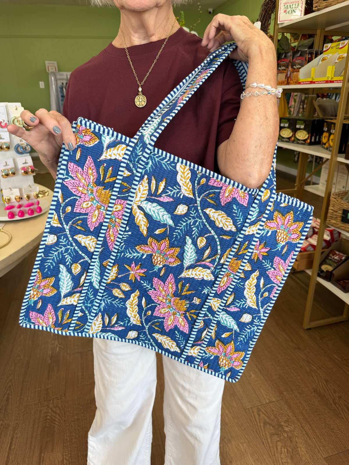 Large Quilted Tote Bags-Navy Mix