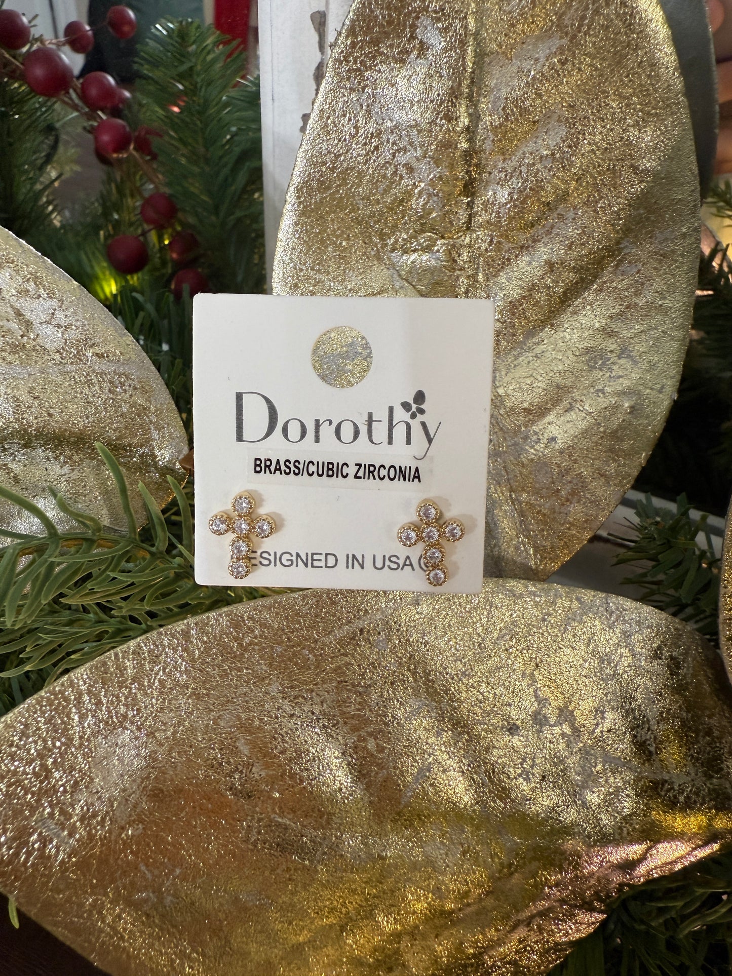 Gold Cross Crystal Studs