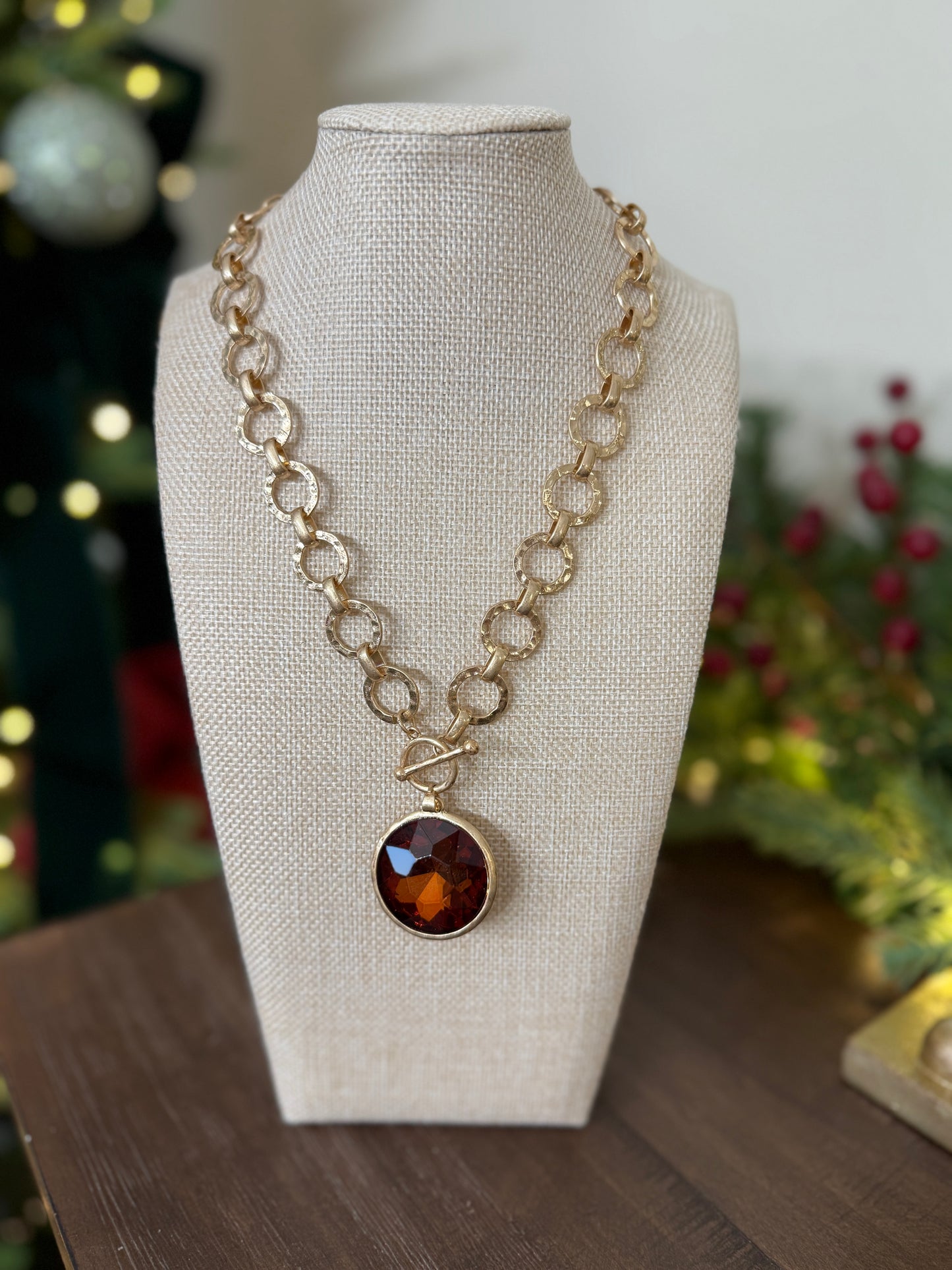 Brown Crystal Circle Drop Necklace