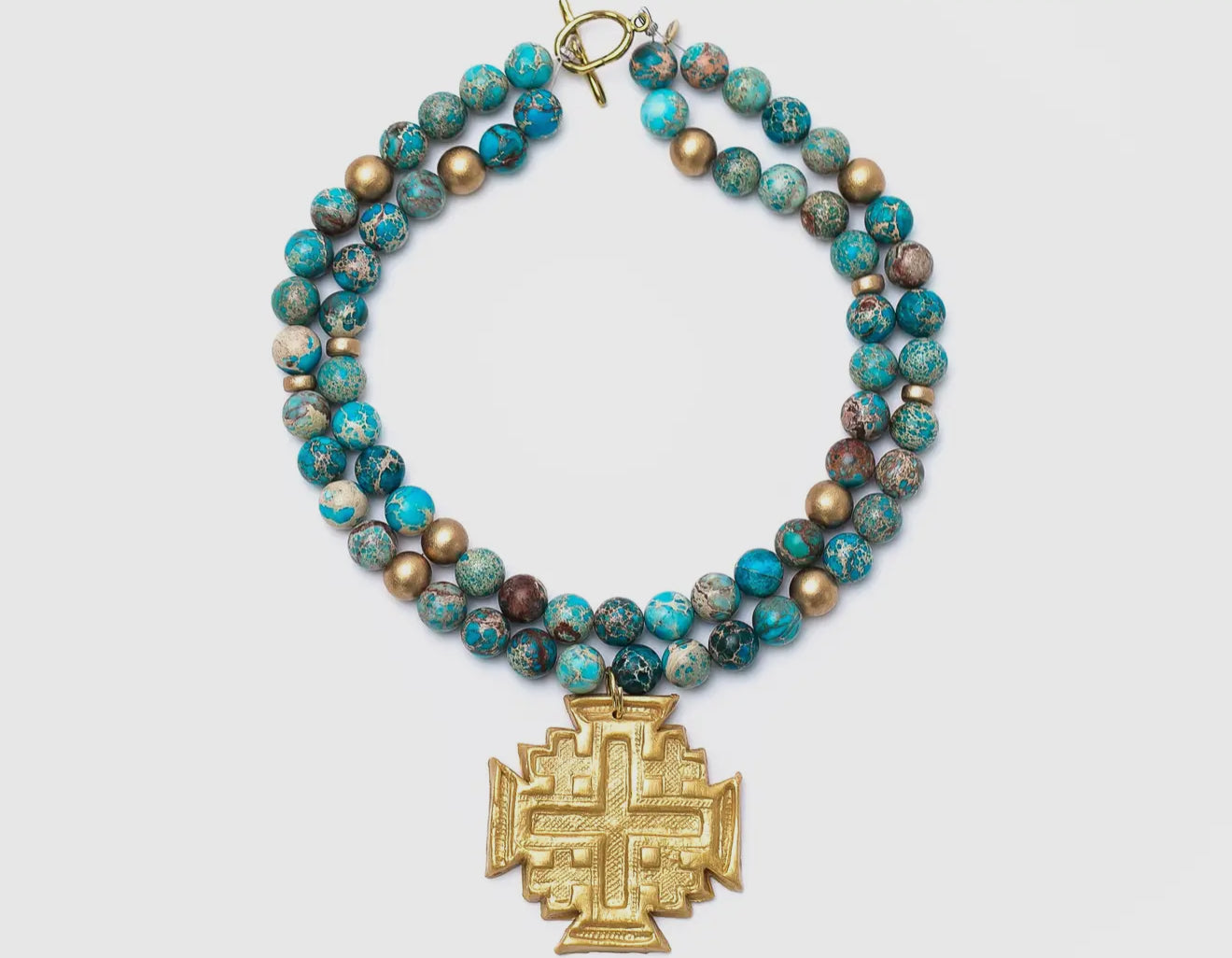 Double Strand Turquoise Sea Sediment Jasper with Jerusalem Cross