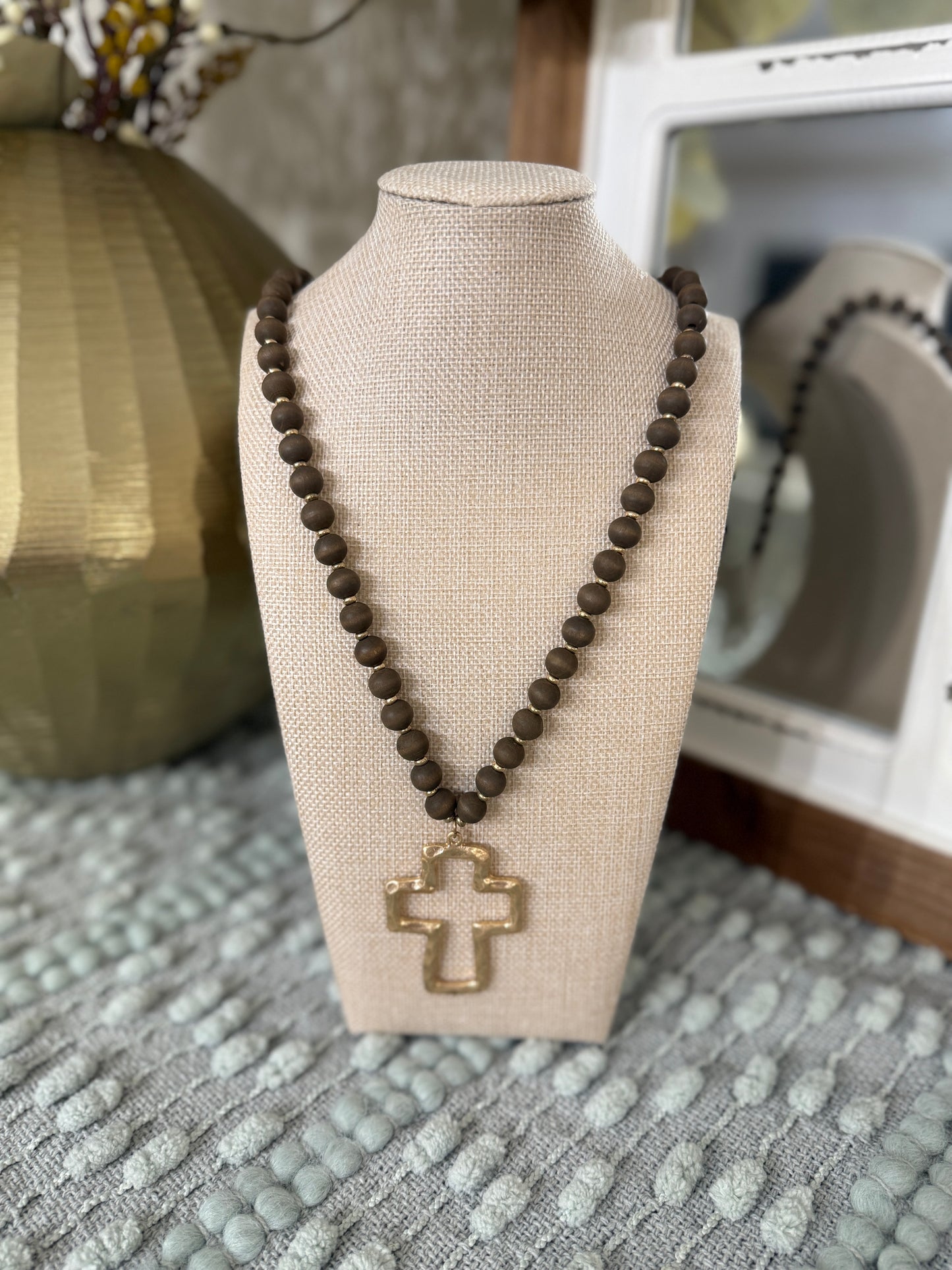 Long Brown Chunky Cross Necklace
