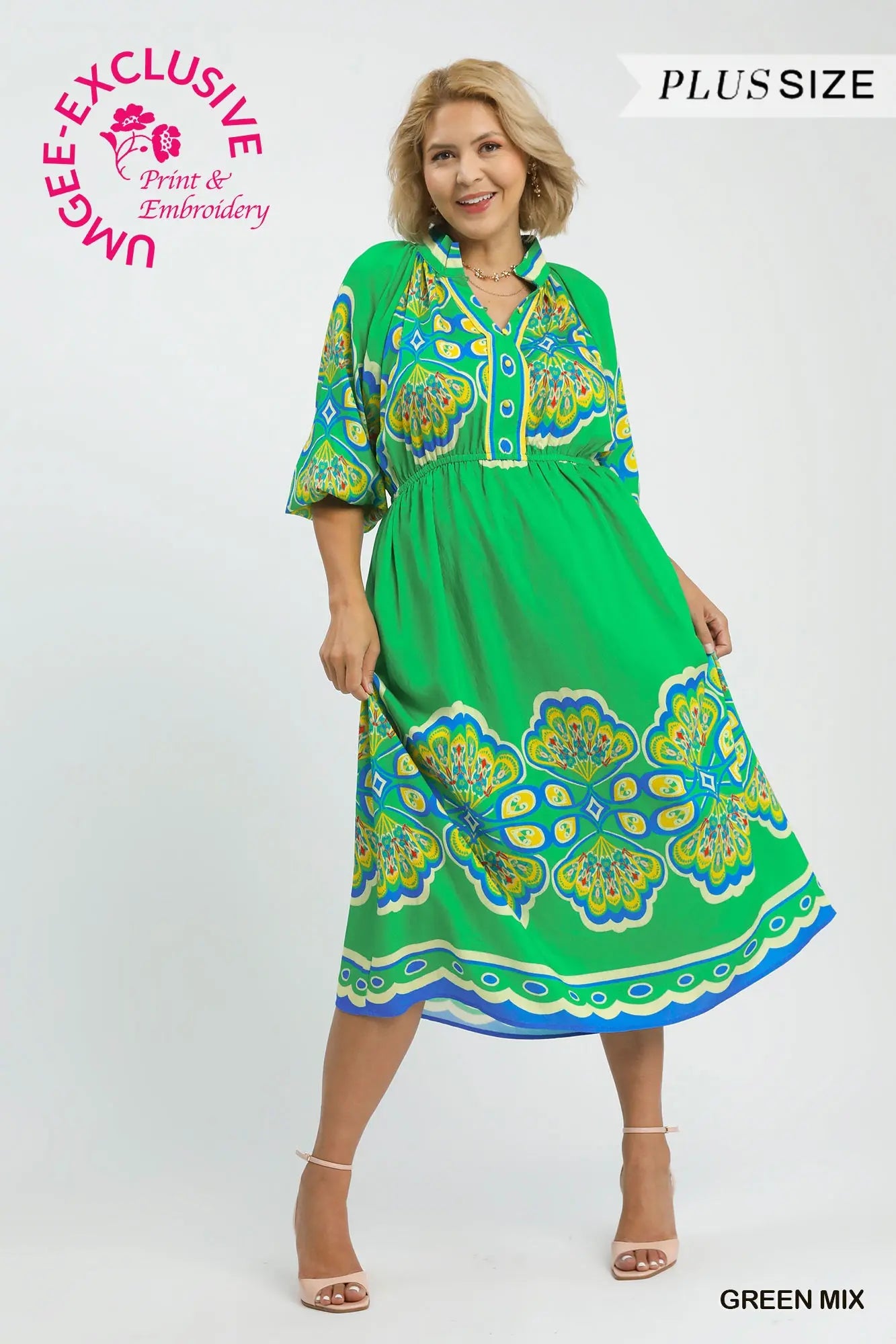 Border Print Midi Dress-CURVY