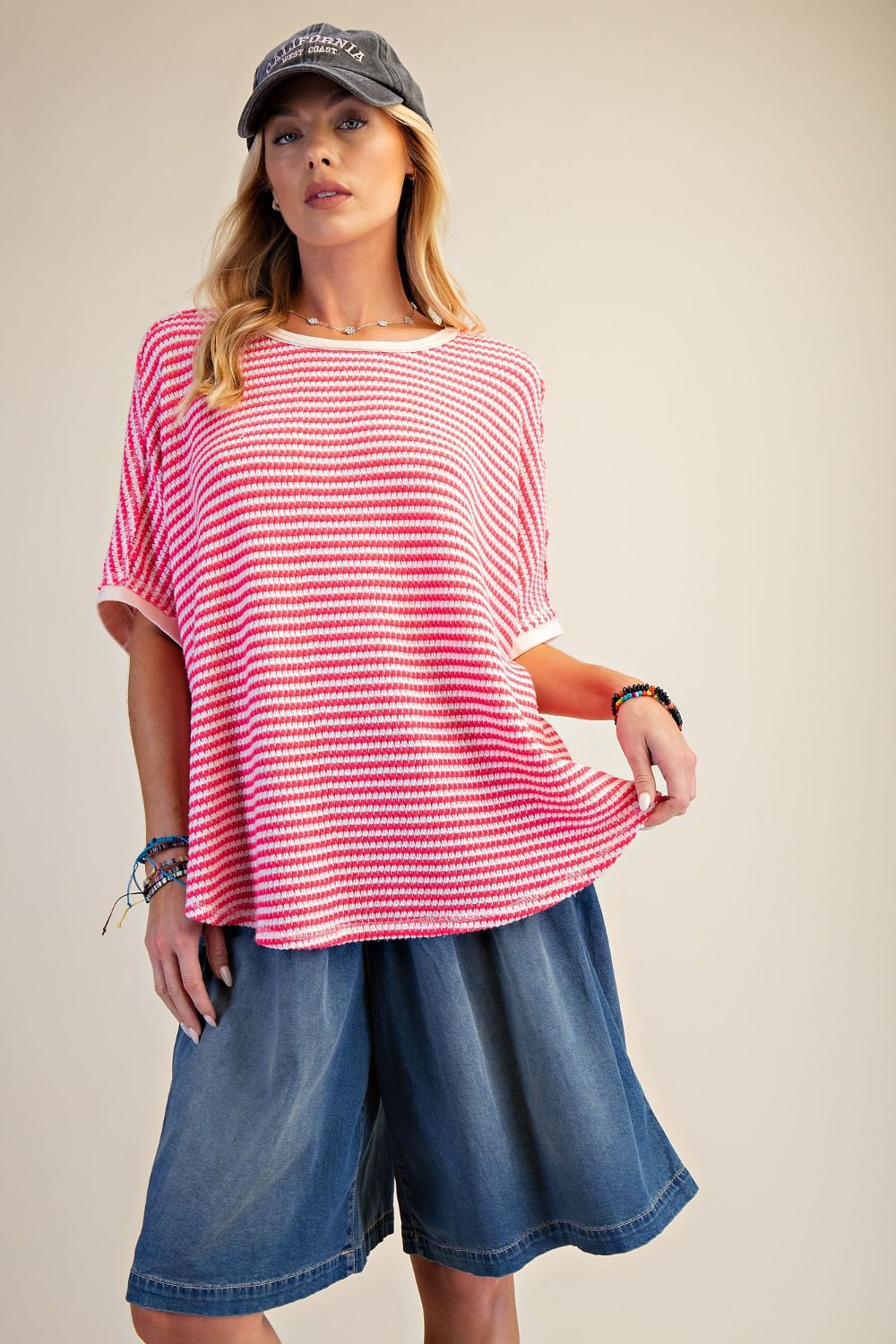 Hot Pink Striped Thermal Washed Oversized Top