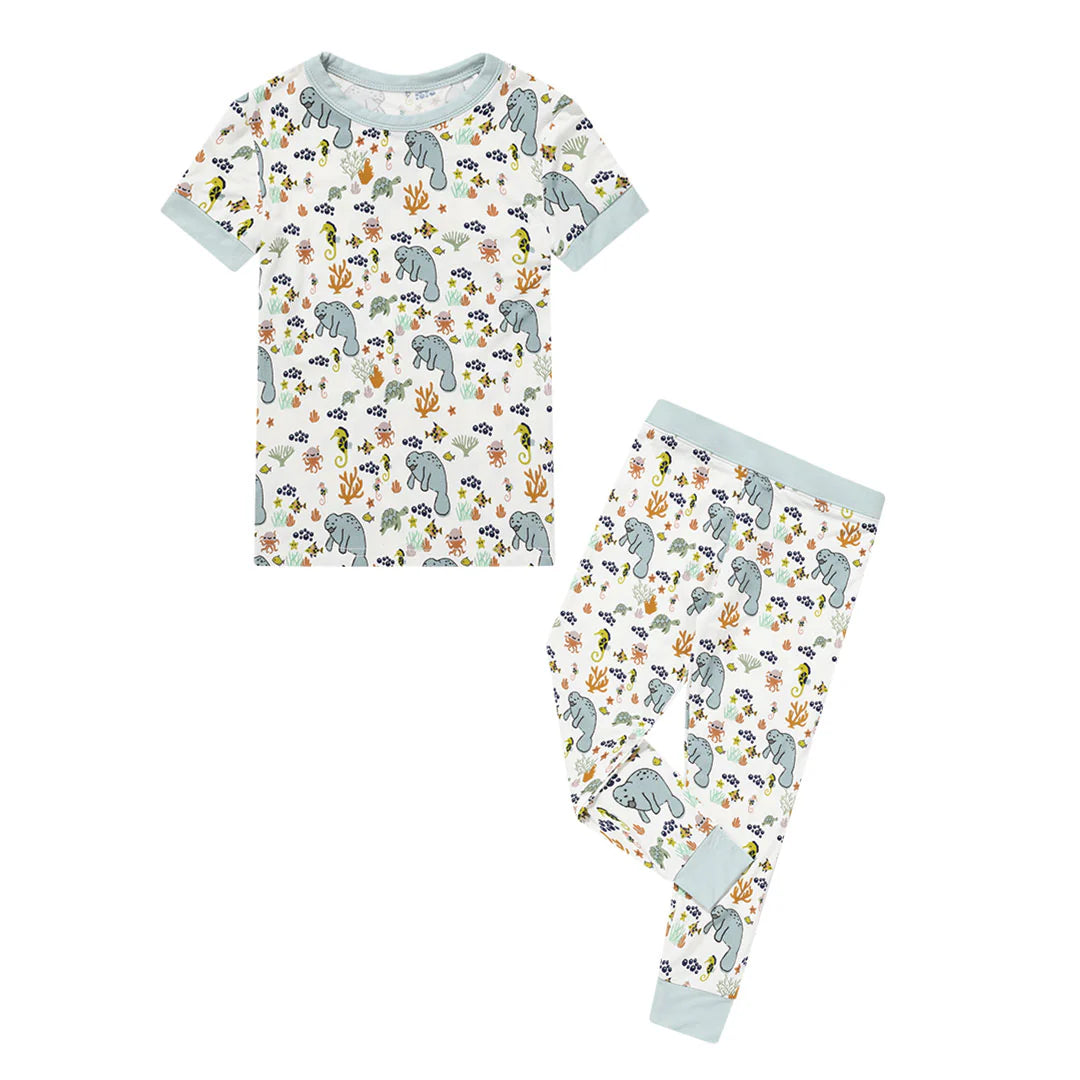 Manatee Two-Piece Bamboo Short Sleeve Pajama Kids Pants Set