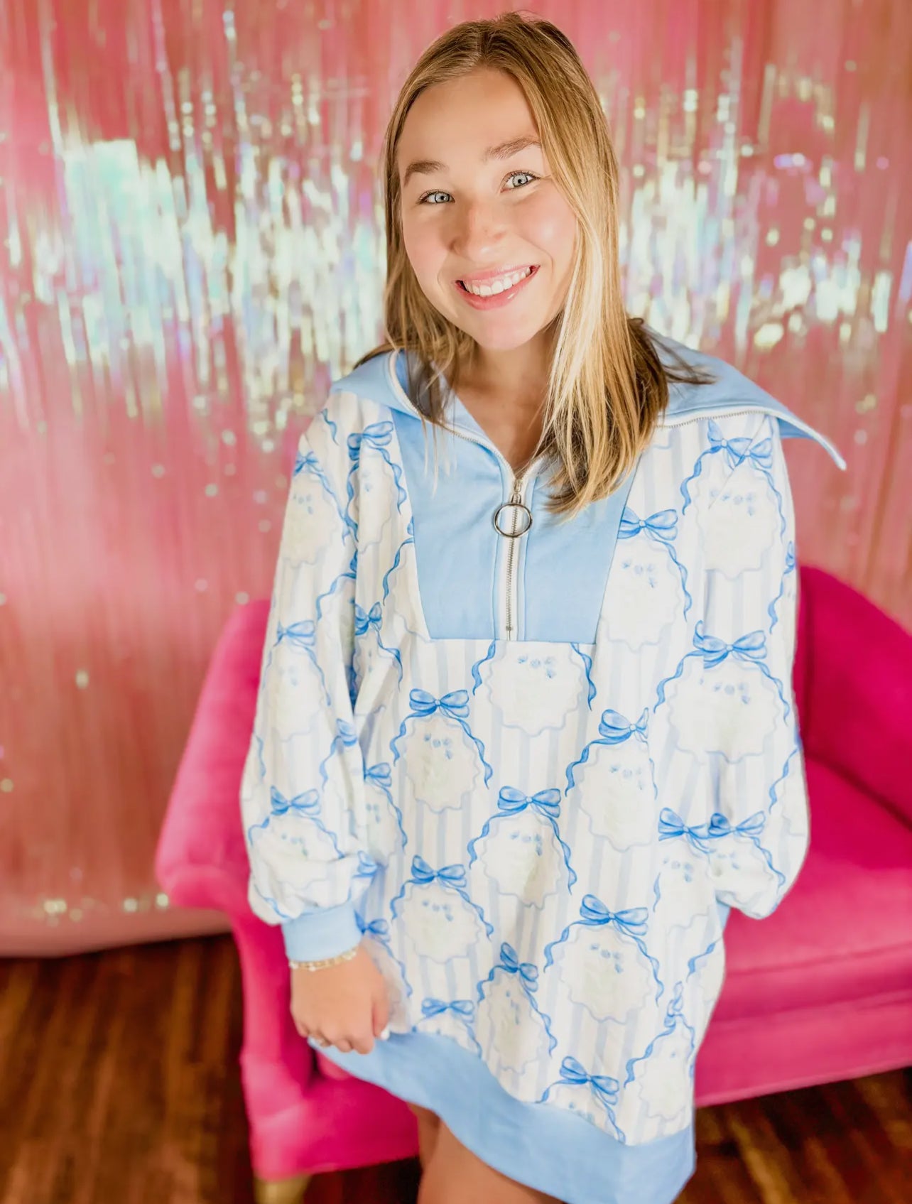 Blue Bow Half Zip Collar Dress