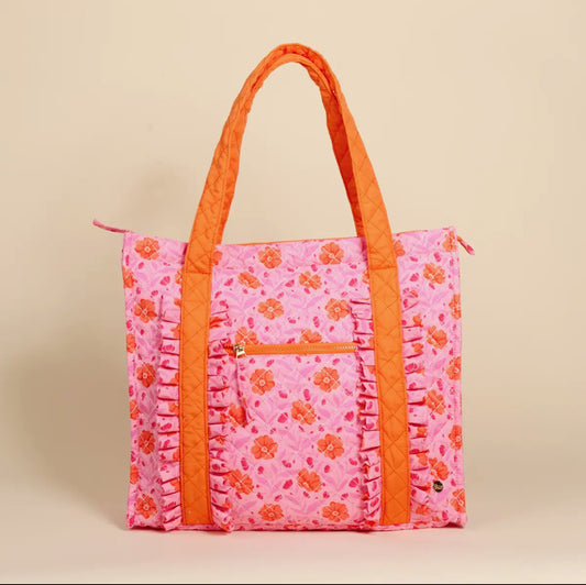 The Everyday Quilted Tote Bag- Poppin Petals Hot Pink
