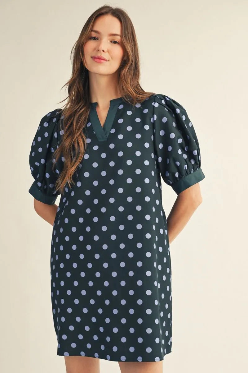 Hunter Green Short Puff Polka Dot Dress