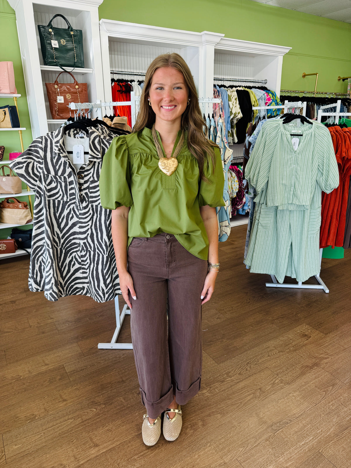 Bubble Sleeve Collared Top-Olive