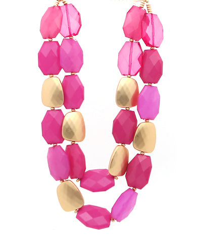 Chunky Stone Double Necklace-Pink