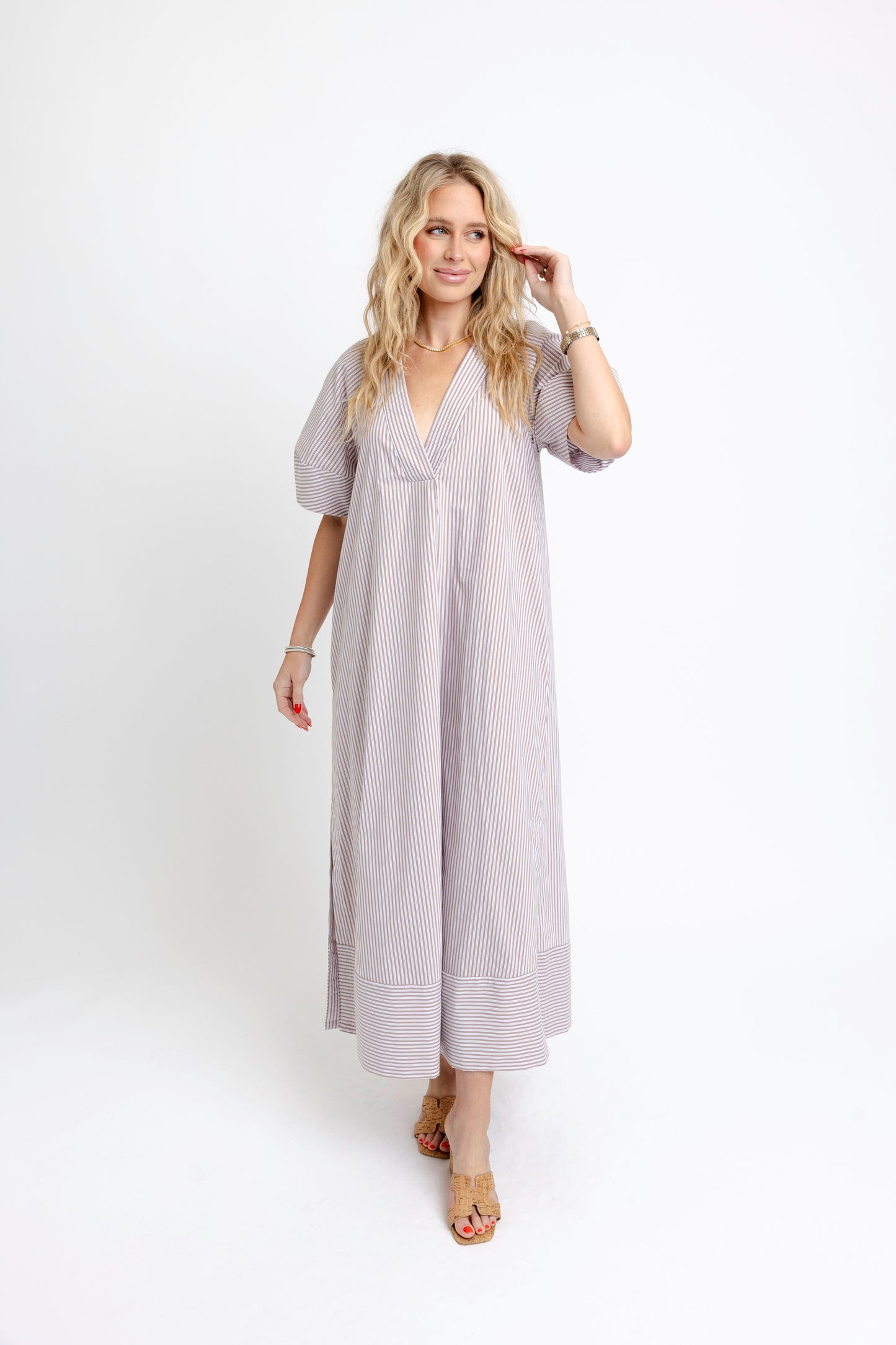 Karlie Brown Stripe Poplin Vneck Maxi Dress