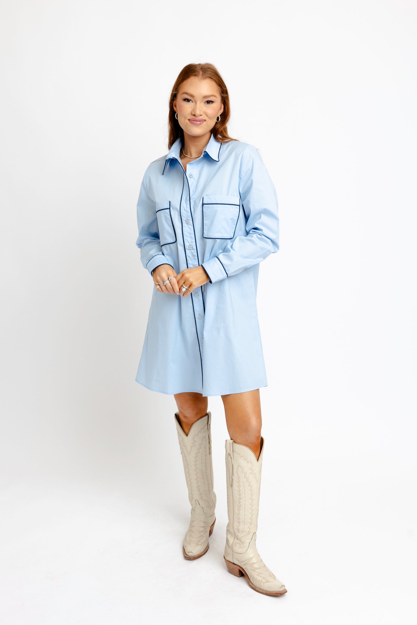 Karlie Blue Poplin Pocket Shirt Dress