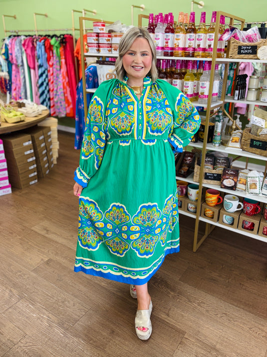 Border Print Midi Dress-CURVY