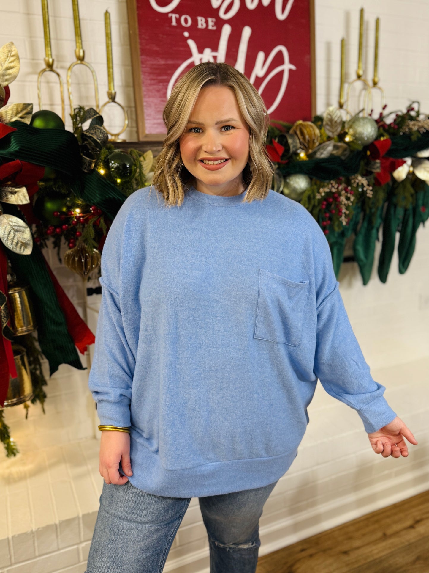 Melange Pocket Drop Shoulder Sweater PLUS-Cornflower Blue