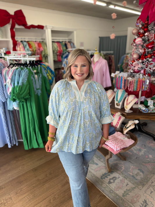 Blooms of Blue Floral Top-CURVY