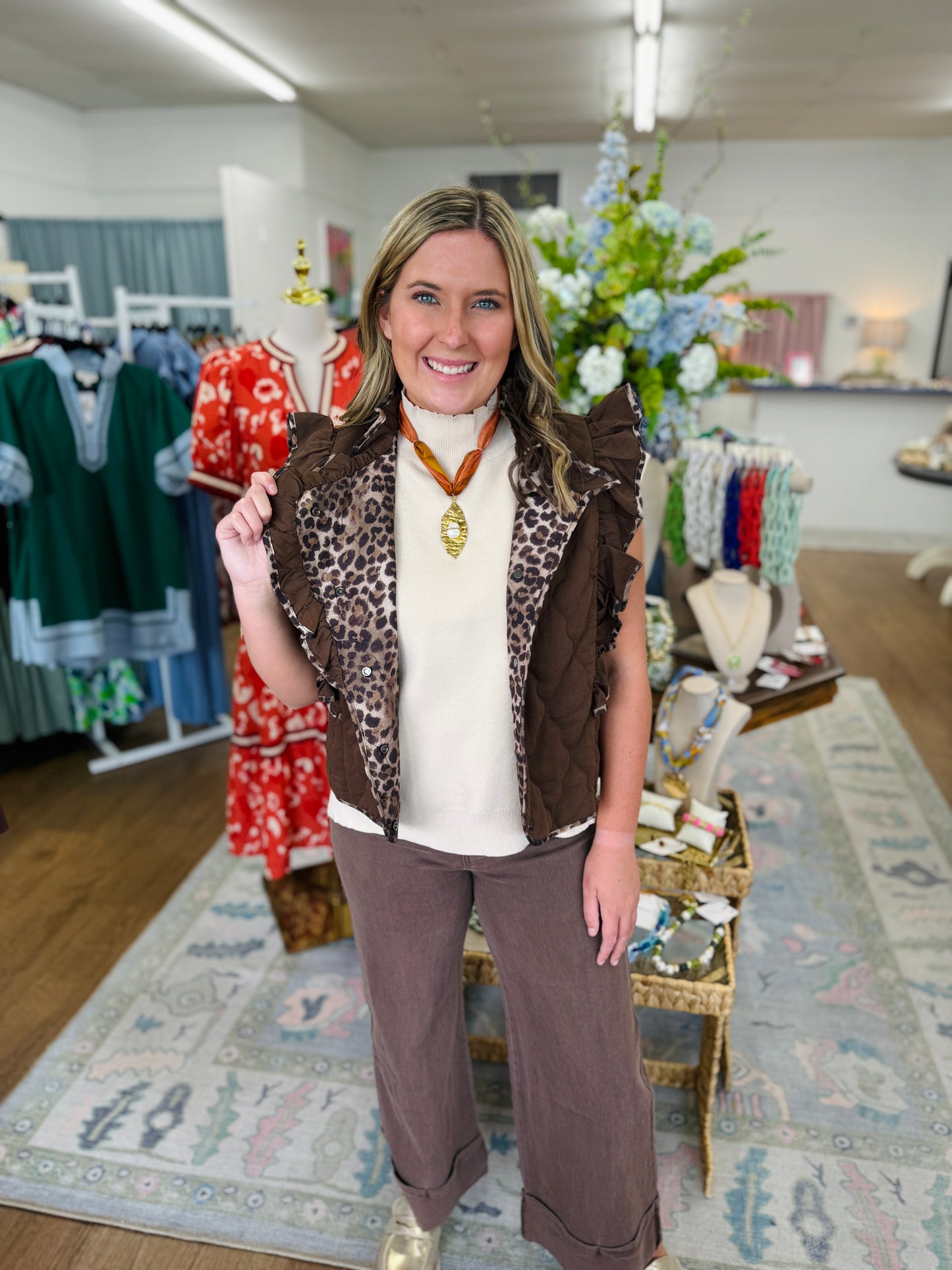 The Quilted Leopard Trim Vest