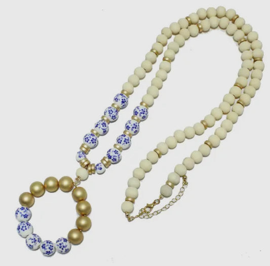 Blue & White Floral Wooden Beaded Long Necklace