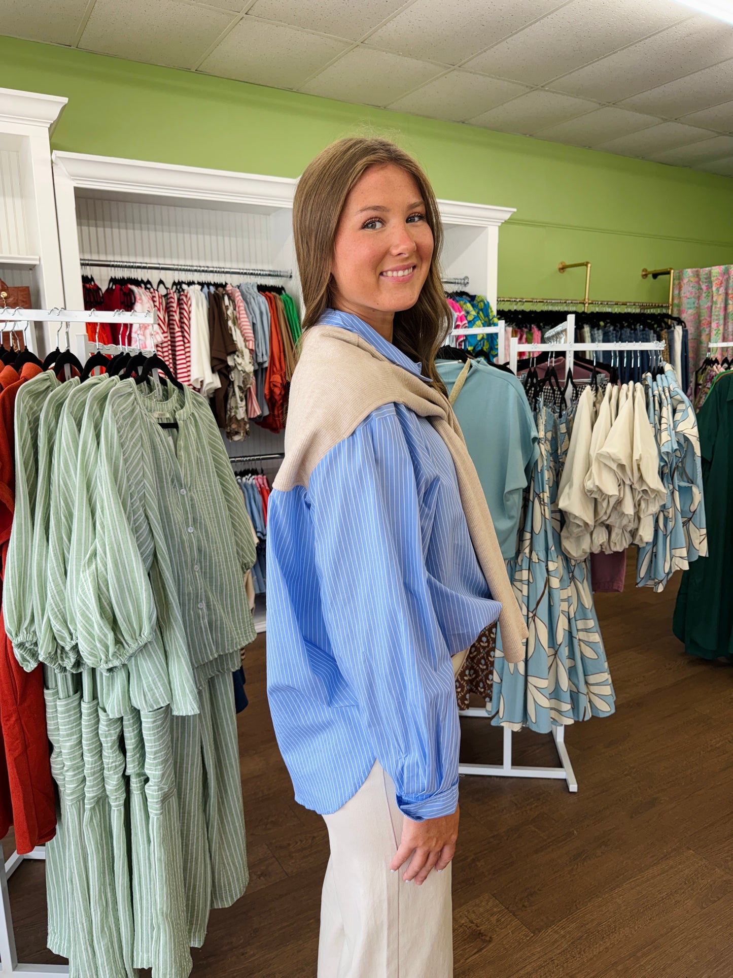 Karlie Hailey Striped Poplin Button Down with Faux Sweater