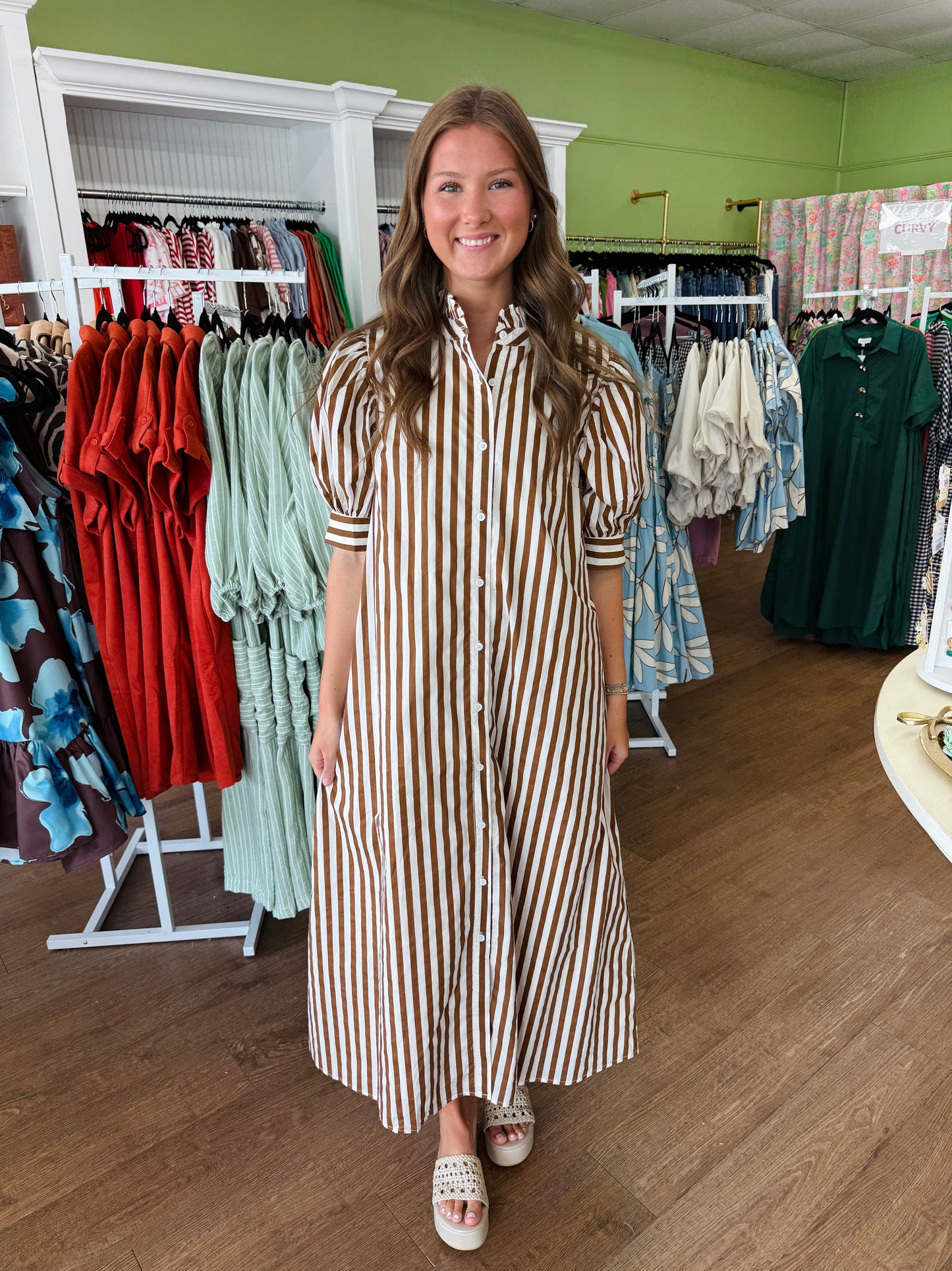 Karlie Stripe Ruffle Neck Maxi Shirt Dress