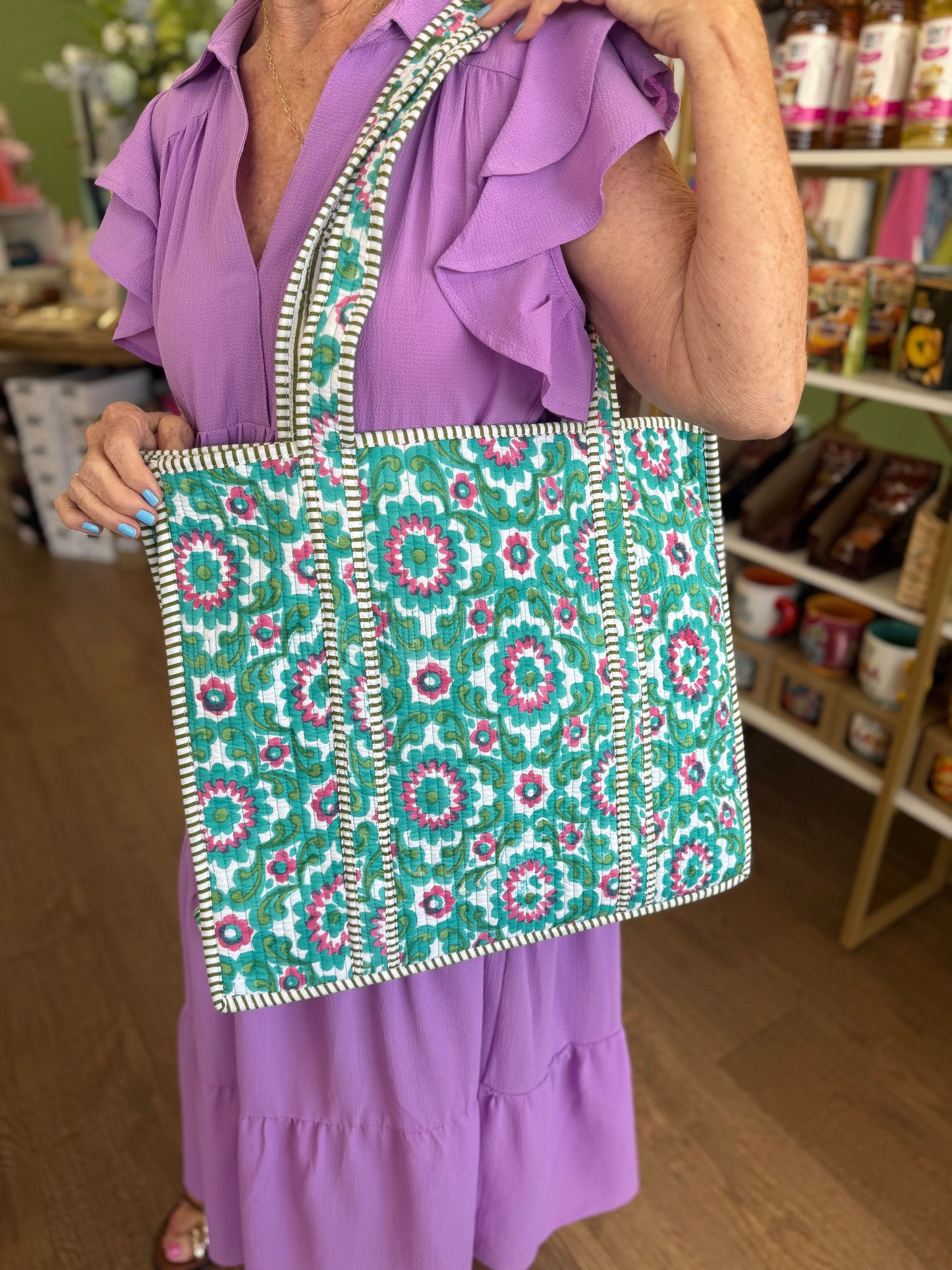 Large Quilted Tote Bags-Teal