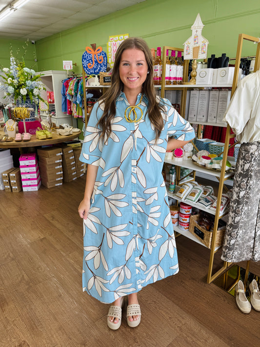 Karlie Palm Leaf Floral Maxi Dress in Blue