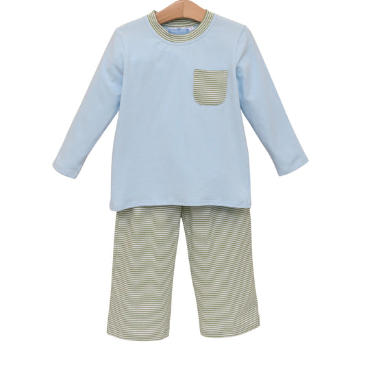 Preston Pant Set- Green Striped/Light Blue