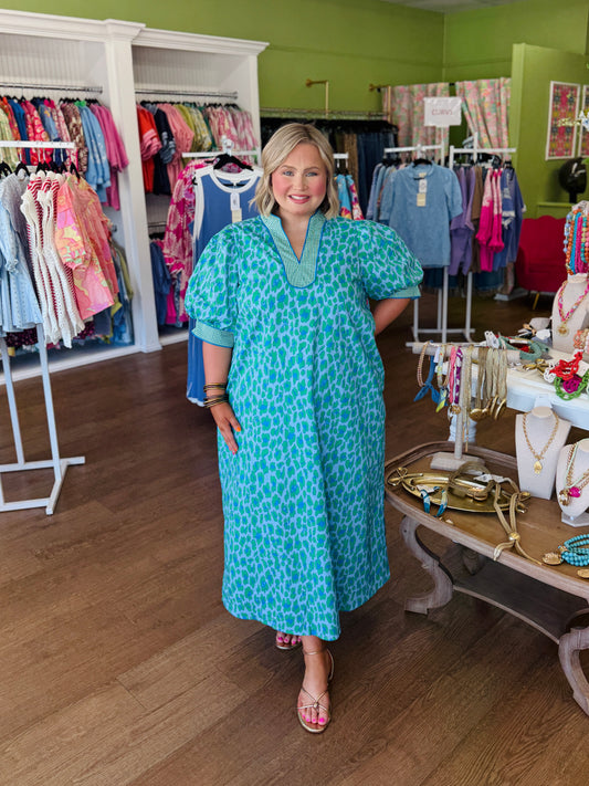 Blue Green Spotted Midi Dress-CURVY