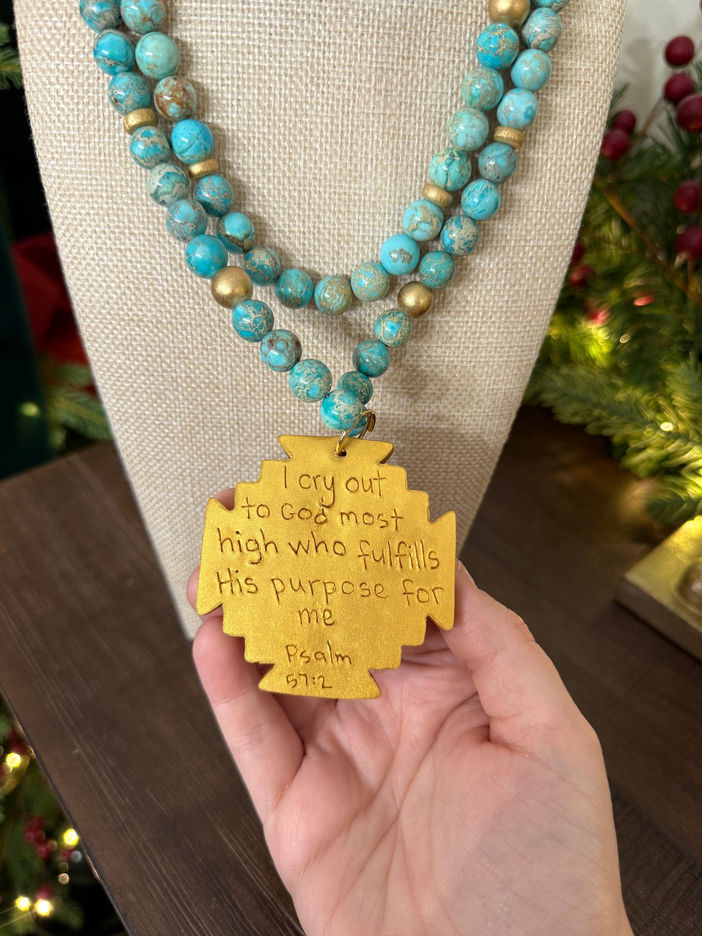 Double Strand Turquoise Sea Sediment Jasper with Jerusalem Cross