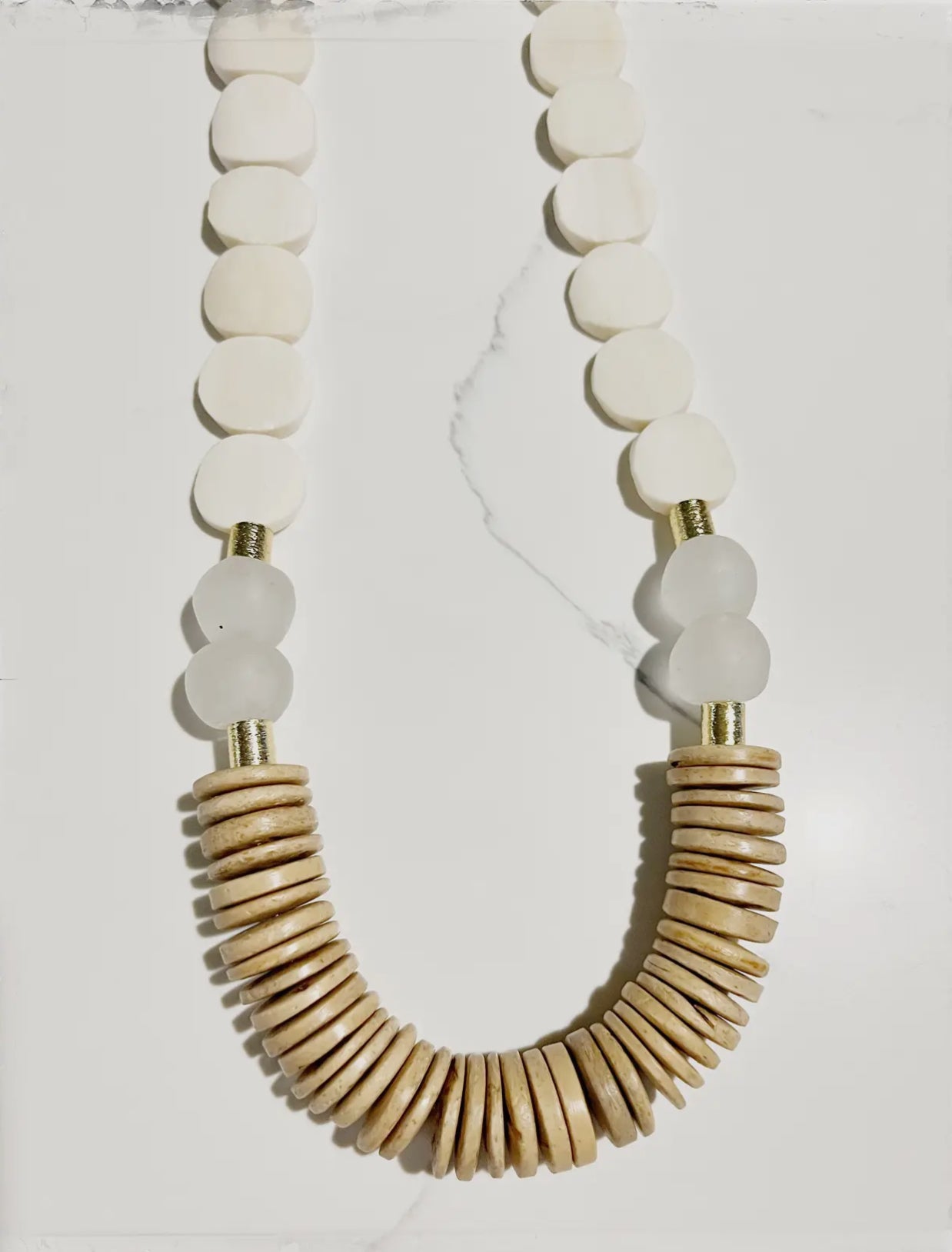 White African Bone Flat Bead Long Statement Necklace