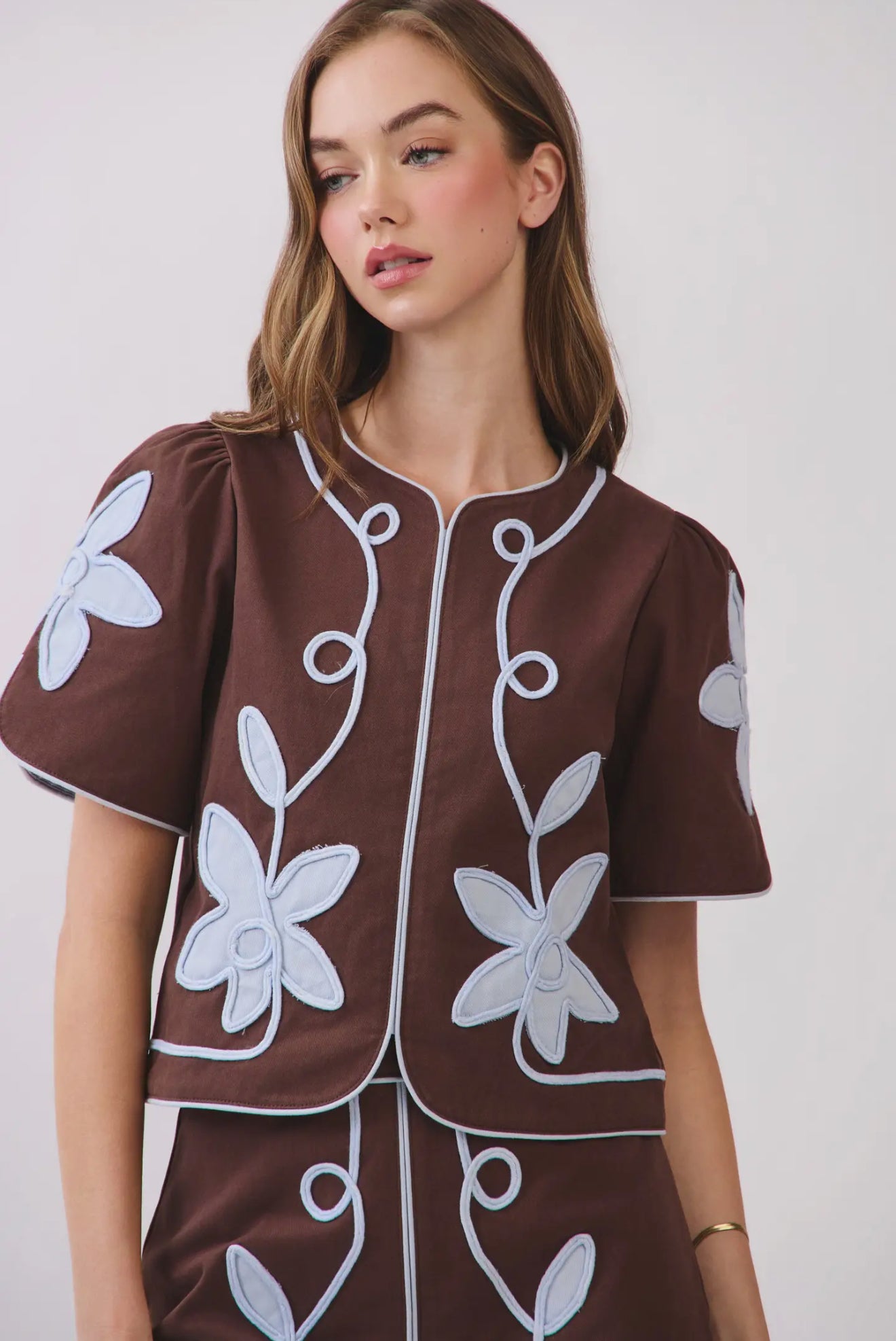 Chocolate Floral Appliqué Skirt Set