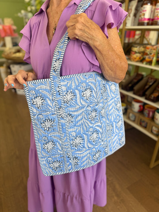 Large Quilted Tote Bags-Light Blue/Navy
