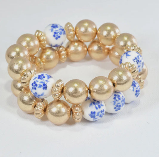 Blue & White Floral Layered Bracelet- Gold