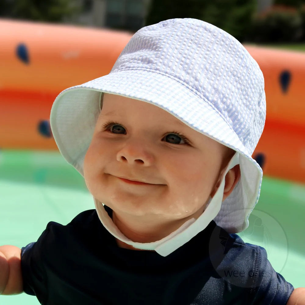 WeeOnes Reversible Bucket Hat with Straps - Light Blue Seersucker