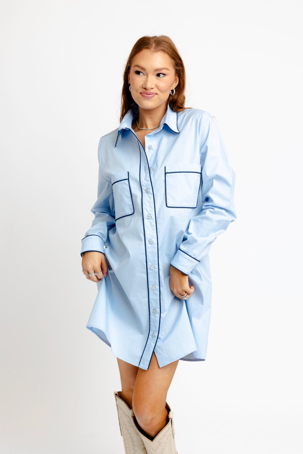 Karlie Blue Poplin Pocket Shirt Dress